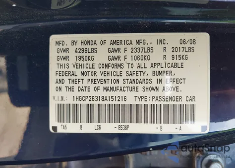 2008 Honda Accord 2.4 Lx from USA, damaged, VIN 1HGCP26318A151216